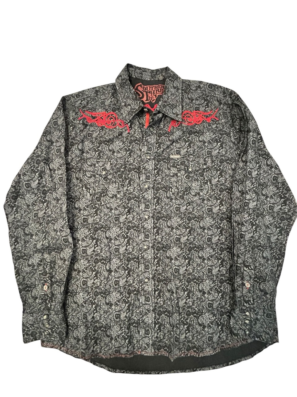 Southern Thread Black Paisley Skull Button-Up Red Embroidered Yoke Western XL